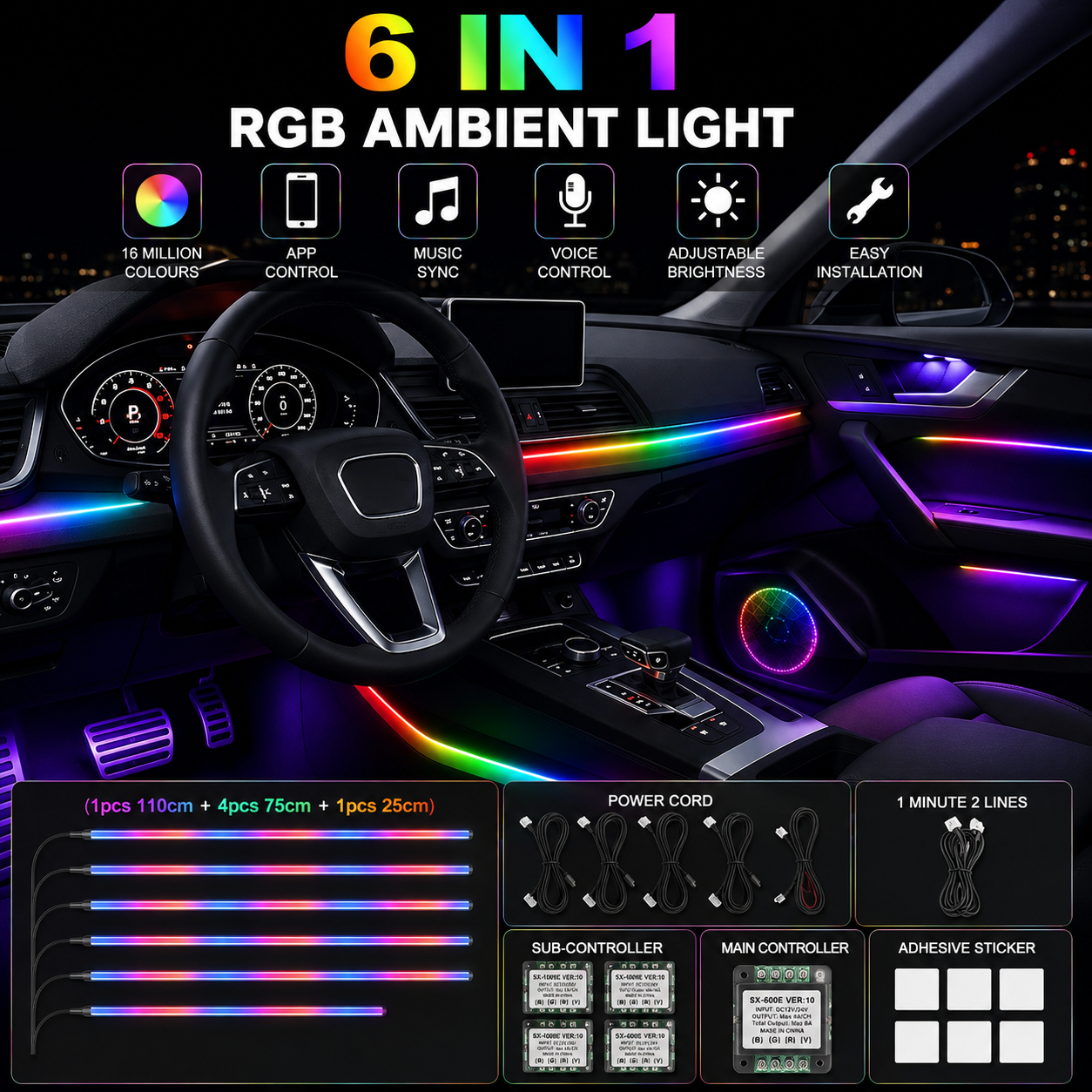 6 In 1 Car RGB LED Ambient Light Kit – Bluetooth APP Control Interior Lighting Strip