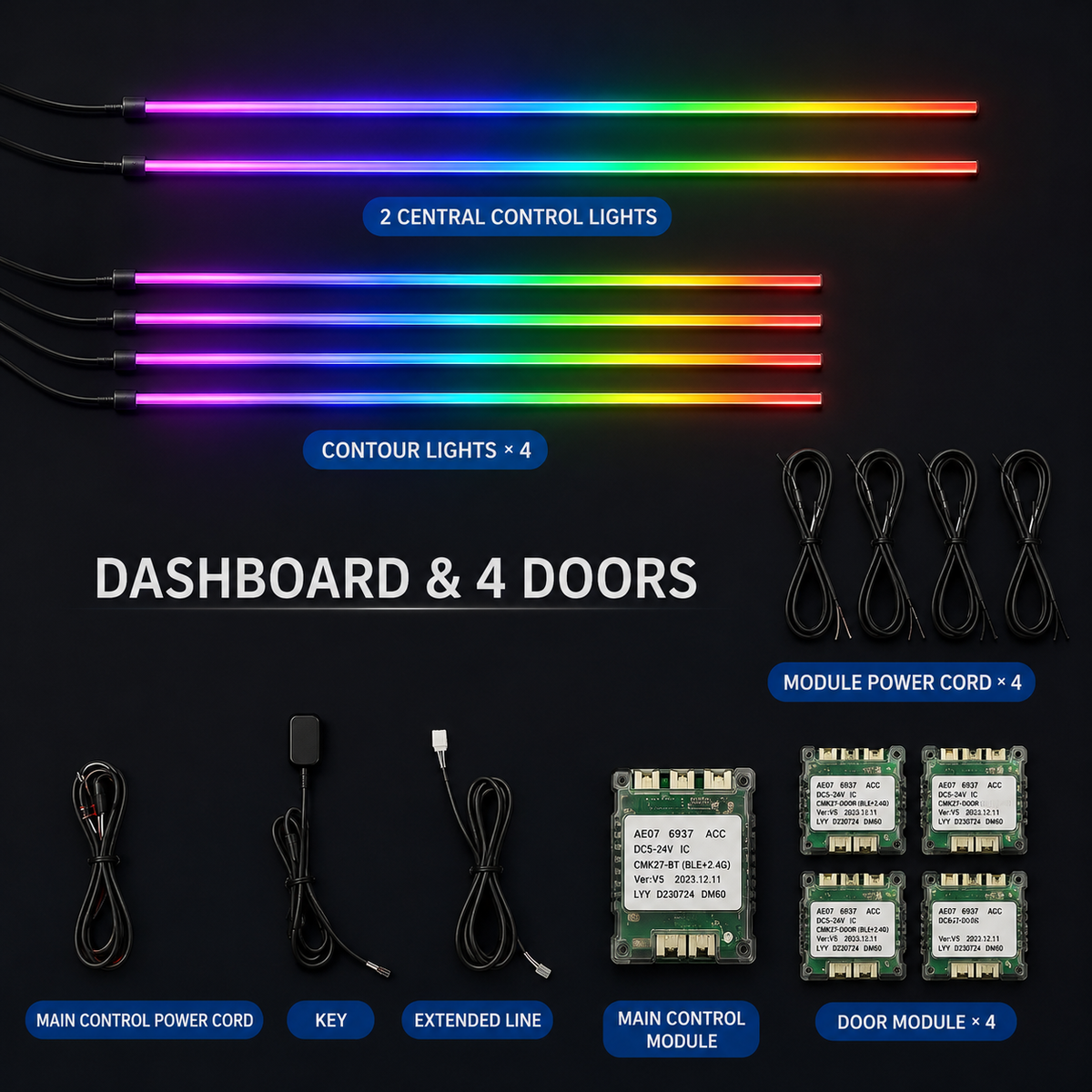 6 In 1 Car RGB LED Ambient Light Kit – Bluetooth APP Control Interior Lighting Strip
