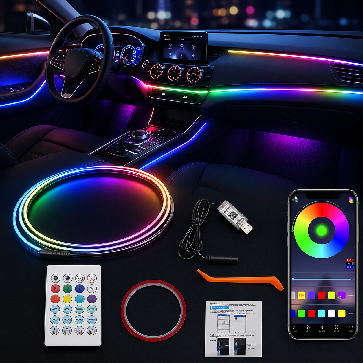 2-in-1 Car Interior Ambient LED Light Kit RGB App Control